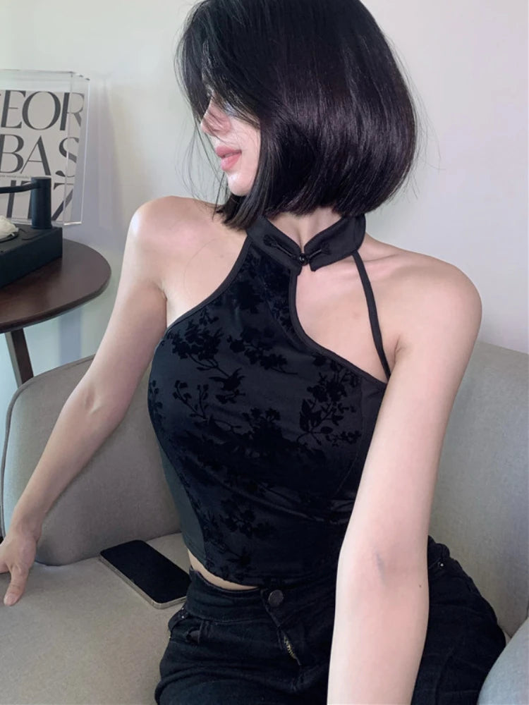 New Chinese Style Irregular Camis Women Autumn Elegant Temper Ink Print Sexy Halter Backless Fashion Party Romantic Crop Tops