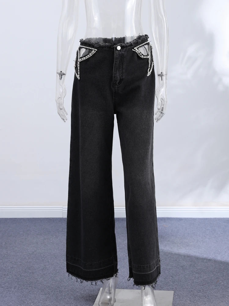 Women Low Waist Jeans Star Rhinestone Pants Cut Out Wide Leg Trousers Light Wash Distressed Denim Pants Street Woman Clothes