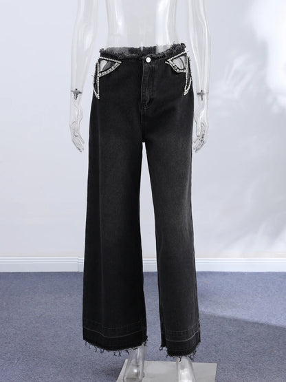 Women Low Waist Jeans Star Rhinestone Pants Cut Out Wide Leg Trousers Light Wash Distressed Denim Pants Street Woman Clothes