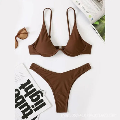 2026 Summer New Two Piece Women's Solid Color Sexy Bareback Bikini Split Swimsuit Bikini Set High Waist Beach Vacation