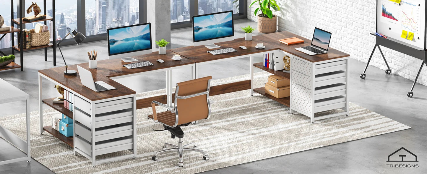 L Shaped Computer Desk - Reversible Corner Office Desk with Drawers & Shelves