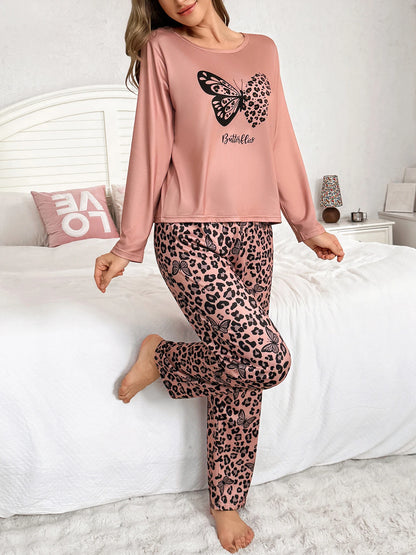 Spring, summer, autumn and winter women's two-piece pajama set featuring sweet leopard print and butterfly pattern on the collar