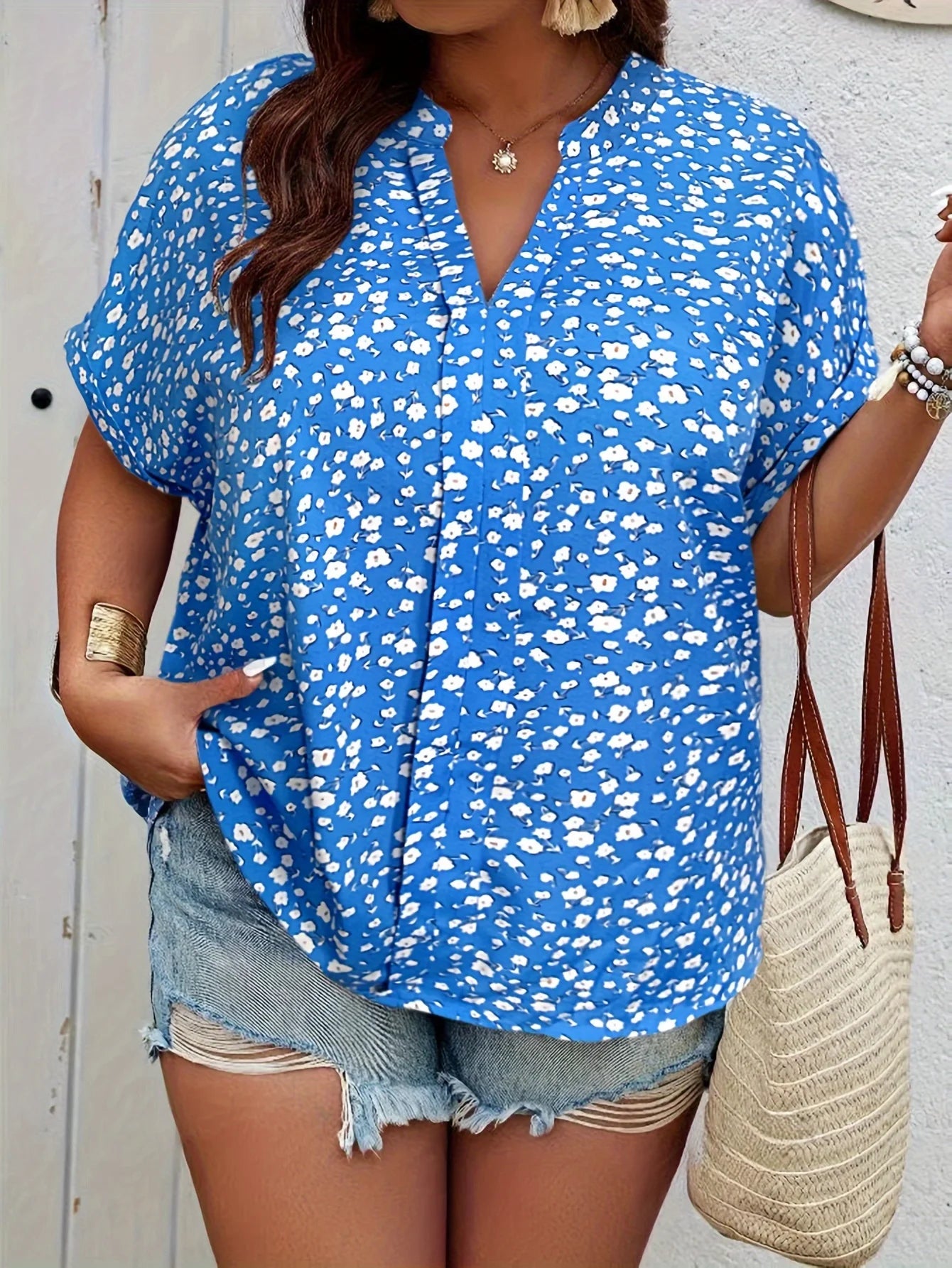 Plus Size Summer Floral Print Shirt for Women Casual Office Lady Fashionable European and American Style Loose Tops