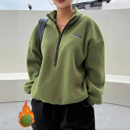 Autumn Winter Women Fleece Pullover High Neck 1/4 Zip Sweatshirts Retro Badge Green Loose Warm Teddy Outwear Harajuku Clothing