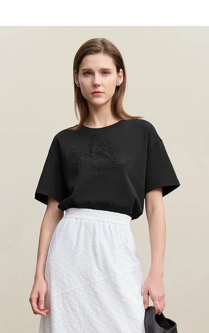 Amii Women's T-Shirt 2026 Summer New Round Neck Drop Shoulder Cotton Tee Lace Embroidered Woman Loose Fit knit Tops 12622048