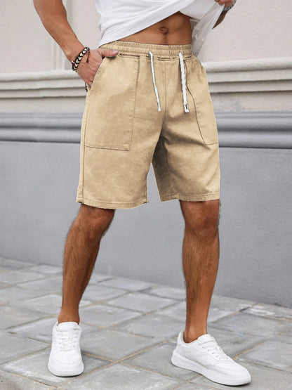 Summer Men's Retro American Style Shorts with Drawstring Casual Pants Included Solid Color Trendy Mid-Length Men's Shorts
