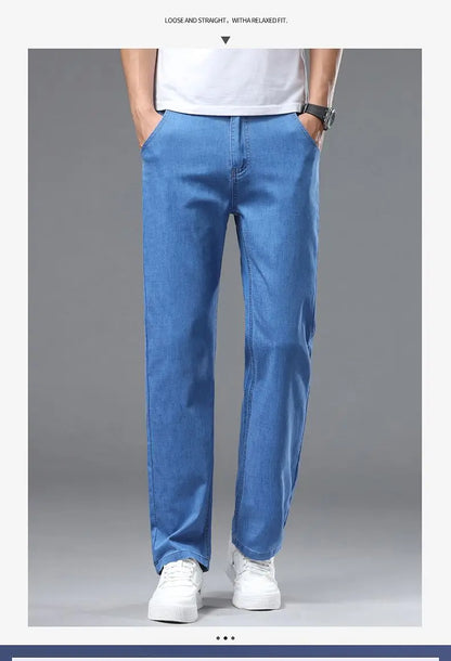 Light blue classic business jeans, fashionable breathable denim elastic pants, black blue men's straight leg jeans, sizes 28-40