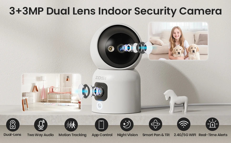 ZOSI C528 6MP/4MP HD Dual-Lens Indoor WiFi Security Camera Plug-in 360° Views Pan/Tilt Home Surveillance Baby/Pet Dog Monitor