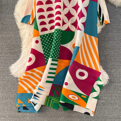 Miyake Pleated Drape Dress Women 2024 Spring Summer Colorblock Printing Lapel 3/4 Sleeve Single-breasted Fashion Shirt Dresses
