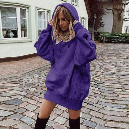 Oversized Hoodie Dress Women Loose Long Sleeve Pocket Drawstring Sweatshirt Dress Casual Streetwear Daily Wear Warm Pullover