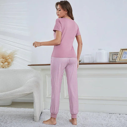2Pcs Women Plus Size Pajamas Short-Sleeved White Striped Drawstring Trousers Student Homewear Suit Letter Print T-Shirt Ladies