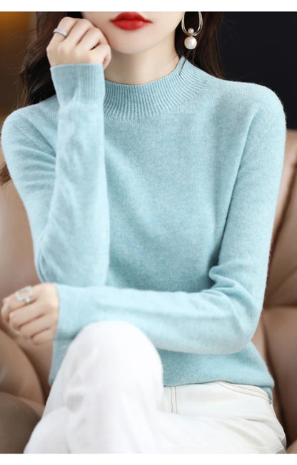 100% merino wool cashmere sweater women's sweater semi-high-necked long-sleeved pullover new warm pullover in autumn and winter.