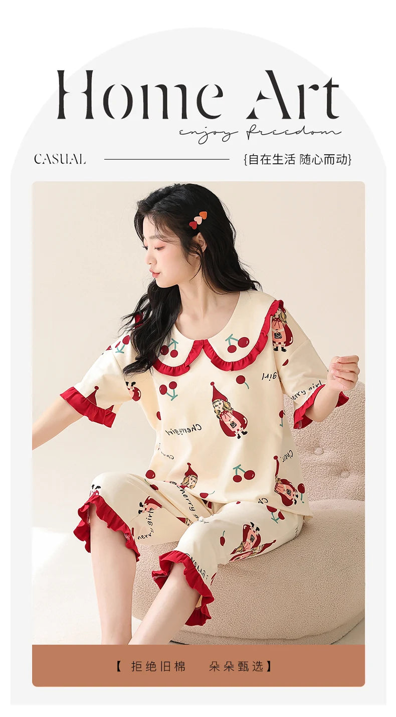 Summer Capris Pajamas for Women Plus Size 5XL Woman Causal Pajama Sets Cartoon Lapel Pijamas Cute Girl Soft Cotton Sleepwear
