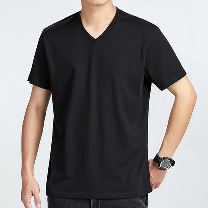 Men's Cotton T-Shirt - Comfortable Casual Loose Fit V-Neck Solid Color Tee