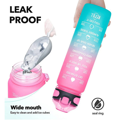 1L Sports Water Bottle with Straw and Time Marker Plastic Motivational Water Bottle Drinking Bottle Leakproof for Fitness Gym