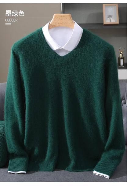Men's 100% Pure Mink Cashmere Sweater V-neck Pullover Knit Bottoming Shirt Autumn And Winter New Long-Sleeve High-End Mink Tops