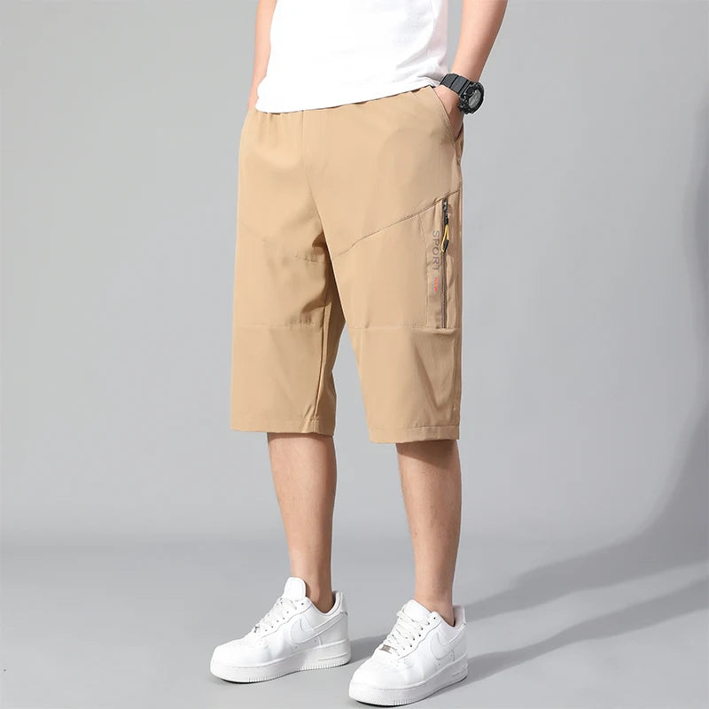 Mens Cargo Shorts - Knee Length Cotton Shorts With Zipper Pockets & Elastic Waist