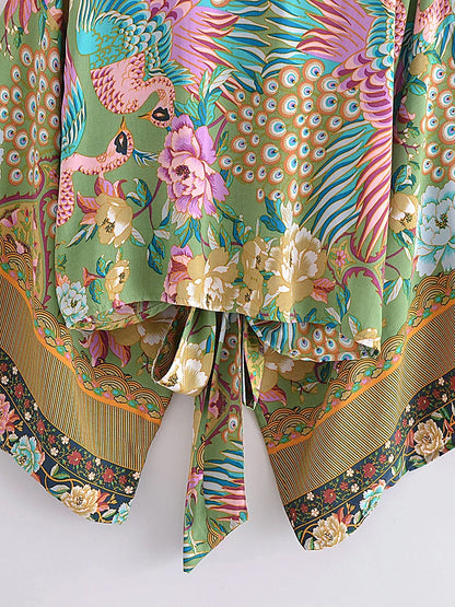 Boho Queens Women Peacock Floral Print Outfits Short Kimono Robe Bohemian Suits Wide Leg Pants 2 Pieces Rayon Boho Sets Swimsuit