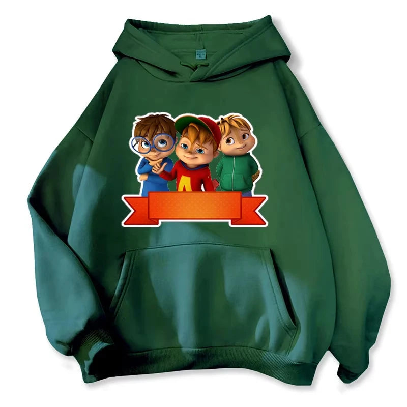 Soft Comfortable Cartoon Hoodie Alvin and The Chipmunks Green Red Navy Blue Long Sleeve Hoody Sweatshirts Movie Promo Animation