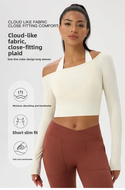 Women's Yoga Shirt - Long Sleeve One Shoulder Tight Fit Workout Top | Quick Drying