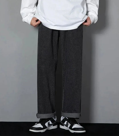 Korean Solid Colors Men's Casual Long Jeans Classic Man Four Seasons Straight Denim Wide-leg Pants Light Blue Grey Black 3XL