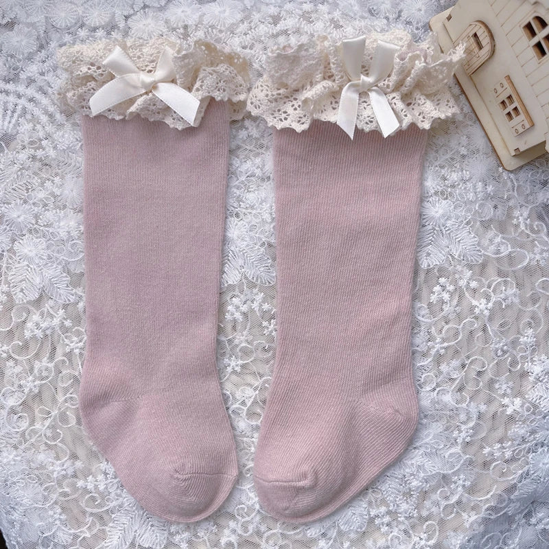 New Winter Autumn Baby Girls Knee High Socks Lace  Ruffle Long Sock Cotton Kids Toddlers Princess Christma Socken For 0-5Years