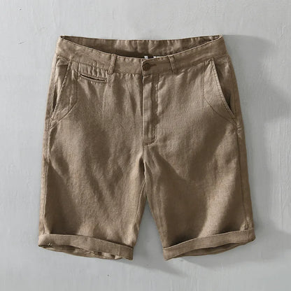 L8216 Mid Waist Linen Beach Shorts Summer Men Simple Business Casual Straight Pockets Solid Color Zipper Work Knee Length Pants