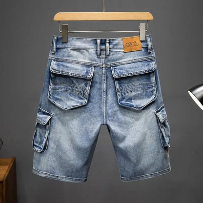 Luxury Fashion Solid Denim Shorts Men Summer Casual Knee Length Jean Shorts with Multiple Pockets Loose-Fit Cowboy Short Pants
