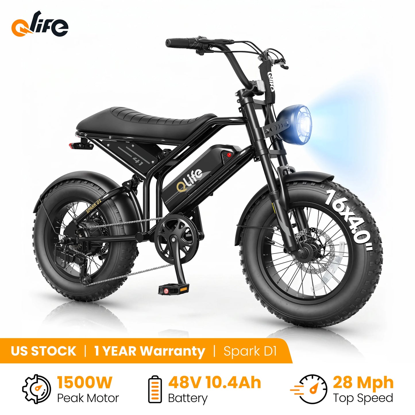 Qlife Spark D1 Electric Bike for Adults, 1500W Peak Motor 48V 10.4 Ah, 16" Fat Tires Electric Mountain Bike, 28 MPH 50Mi Range Off-Road Ebike with Full Suspension