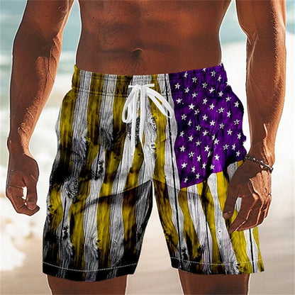 Men Board Shorts - American Flag Print 3D Printed Beach Swim Trunks For Summer