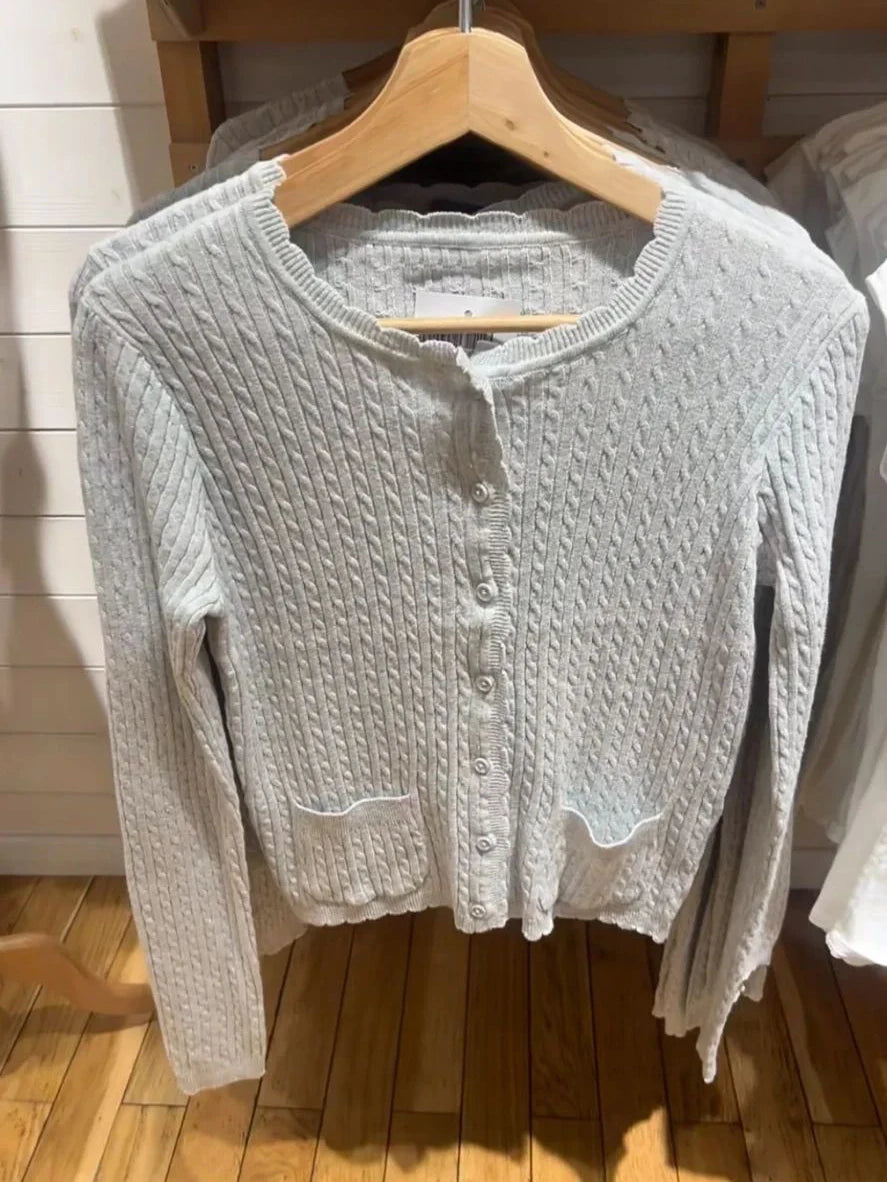 Pockets Twist Flower Knitted Sweater Cardigan O-Neck Single Breasted Long Sleeve Slim Sweaters Vintage Streetwear Gray Crop Tops
