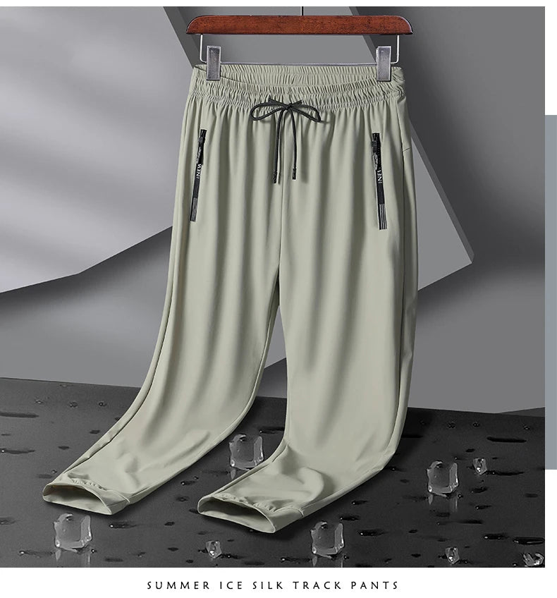 Men's Athletic Stretchy Ice Silk Quick Dry Pants Zipper Pockets Lightweight Sweatpants Outdoor Hiking Breathable Running Workout
