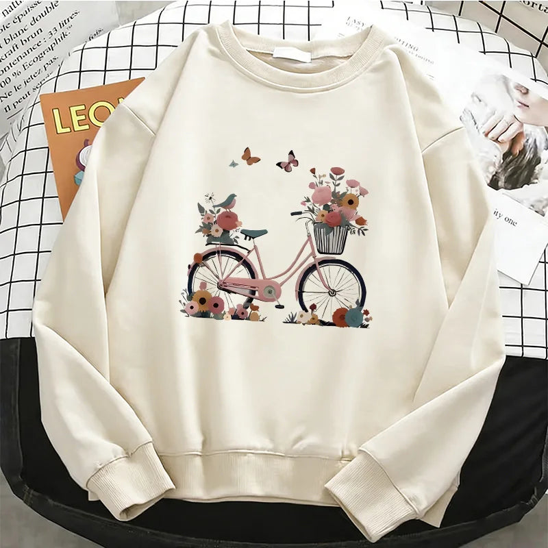 Womens Hoodies Retro Floral Butterfly with Bicycle Print Warm Fleece Sweatshirt Soft O-Neck Pullover Casual Female Clothes