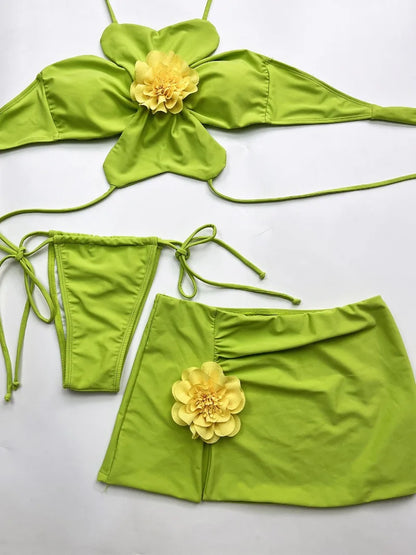 3 Piece Bikini Set - Halter Neck Floral Swimwear With Skirt & Wire Free Support