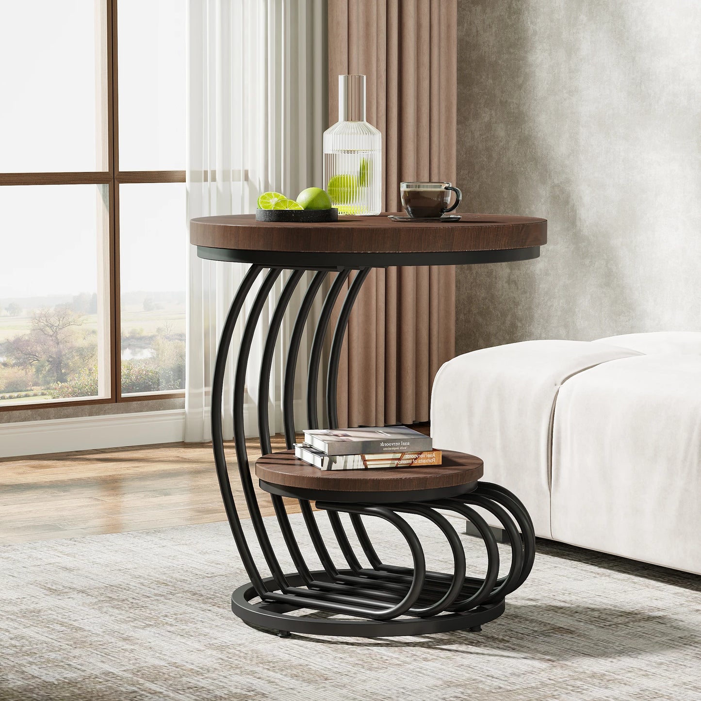 Gold Round End Table – Faux Marble Side Table with 2 Tier Storage Shelf & Stylish Metal Frame