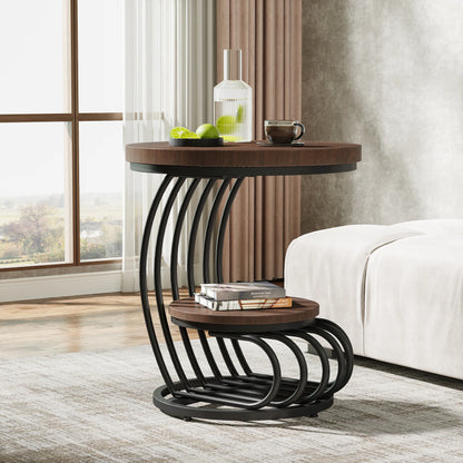 Gold Round End Table – Faux Marble Side Table with 2 Tier Storage Shelf & Stylish Metal Frame