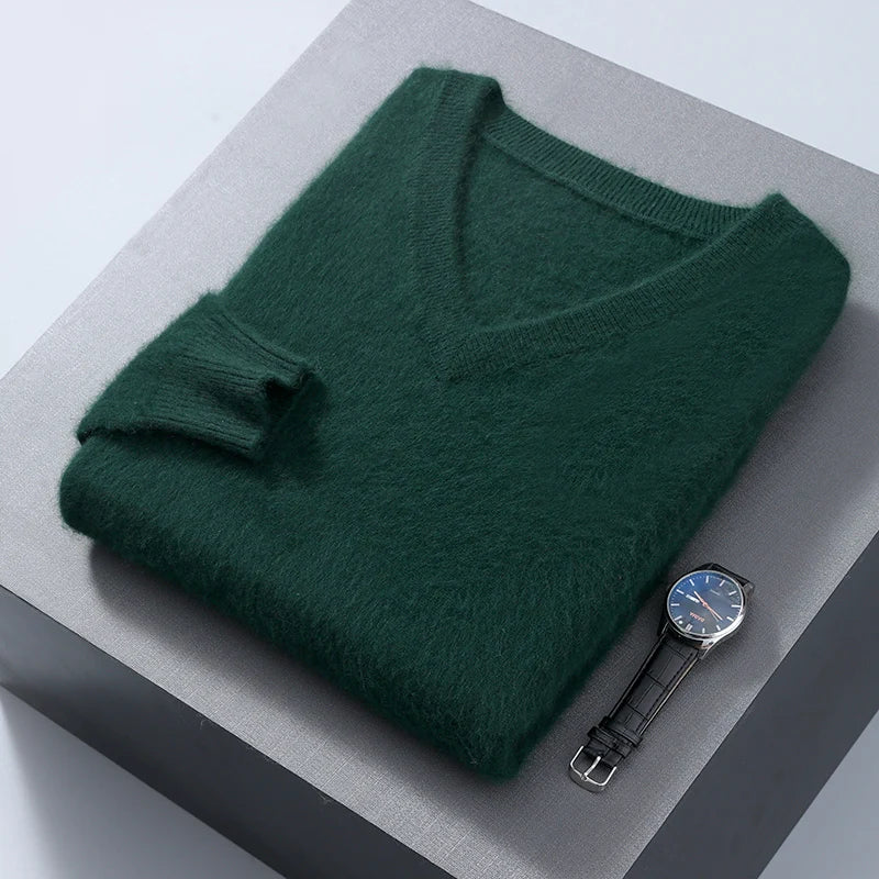 Men's 100% Pure Mink Cashmere Sweater V-neck Pullover Knit Bottoming Shirt Autumn And Winter New Long-Sleeve High-End Mink Tops