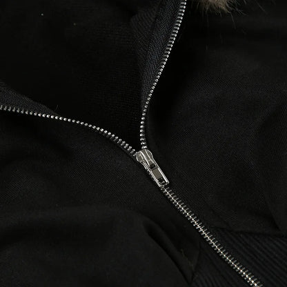 Goth Dark Autumn Winter Faux Fur Collar Solid Hooded Coats Women Casual Slim Waist Zip Hoodies Gothic Jackets Chic Streetwear