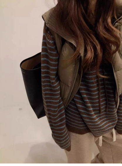 Autumn Winter Women's Vintage Knitted Hat Coat Soft Cozy Loose Fit Striped Hoodie Sweater Outerwear Trendy Commute Style Long...