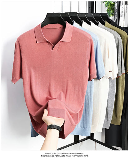 100%  Lyocell Knitwear 2025 Men Spring Summer Trendy Turn Down Collar Knit Tees Short Sleeve Breathable Knit Tops
