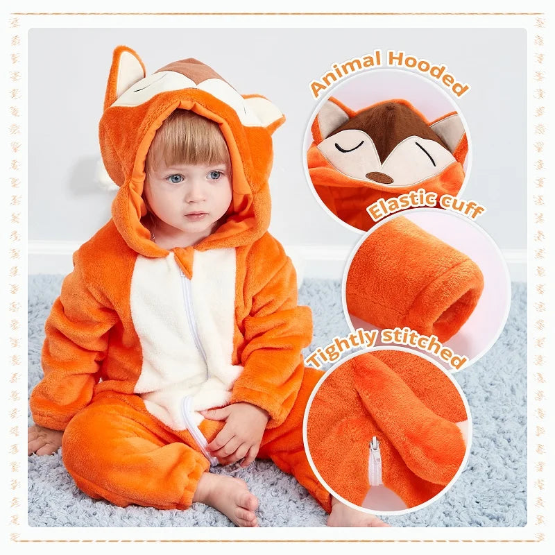 Baby Winter Rompers - Soft Polyester Hooded Jumpsuit With Animal Pattern, Machine Washable