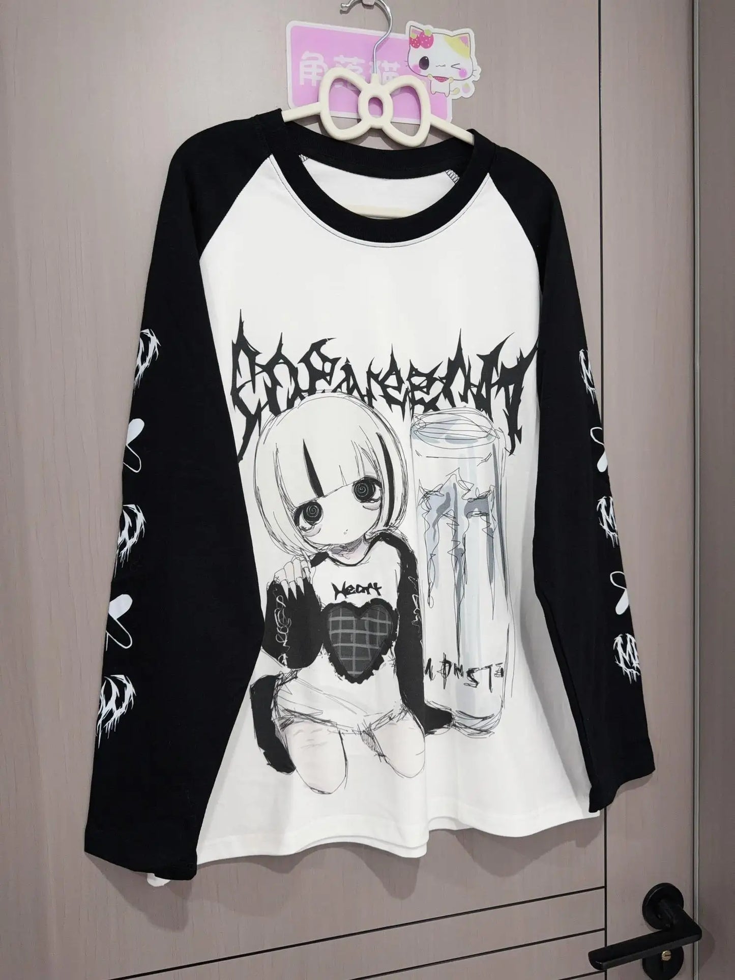 Spring Autumn Japanese Yami Kawaii Girly Goth T Shirt Long Sleeve O-Neck Print Loose Top Jirai Kei Subculture Casual Shirt Women