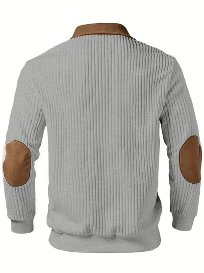 New Arrival Men Color Block Corduroy Collar Ribbed Long Sleeve Half Zip Polo Sweater Elbow Patches Casual Pullover Sweatshirts
