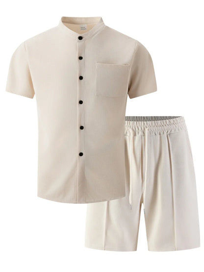 Men's new summer style waffle plain-color crew-neck t-shirt with pocket short-sleeved set with beach shorts men's casual suit