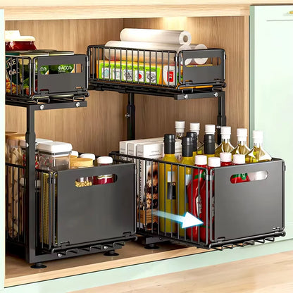 Adjustable 2-Tier Pull-Out Cabinet Organizer - Under Sink Storage Rack for Spice Jars - ZOOMNSTORE
