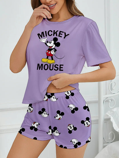 Women's 2-piece Mickey Cute Cartoon Pattern Short sleeved Top and Shorts Sleepwear Home Clothes