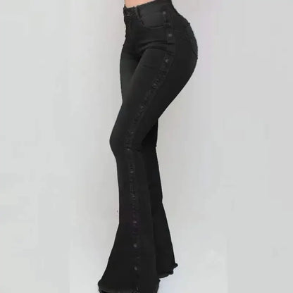 Women Jeans High Waist Strecth Denim Flare Pants Vintage Trousers Buttons Denims Streetwear Spring Autumn Female Floor Length