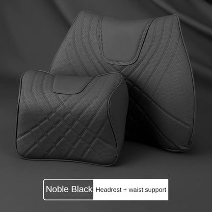Car Headrest Pillow - Memory Foam Lumbar Support Cushion Set With Leather Cover