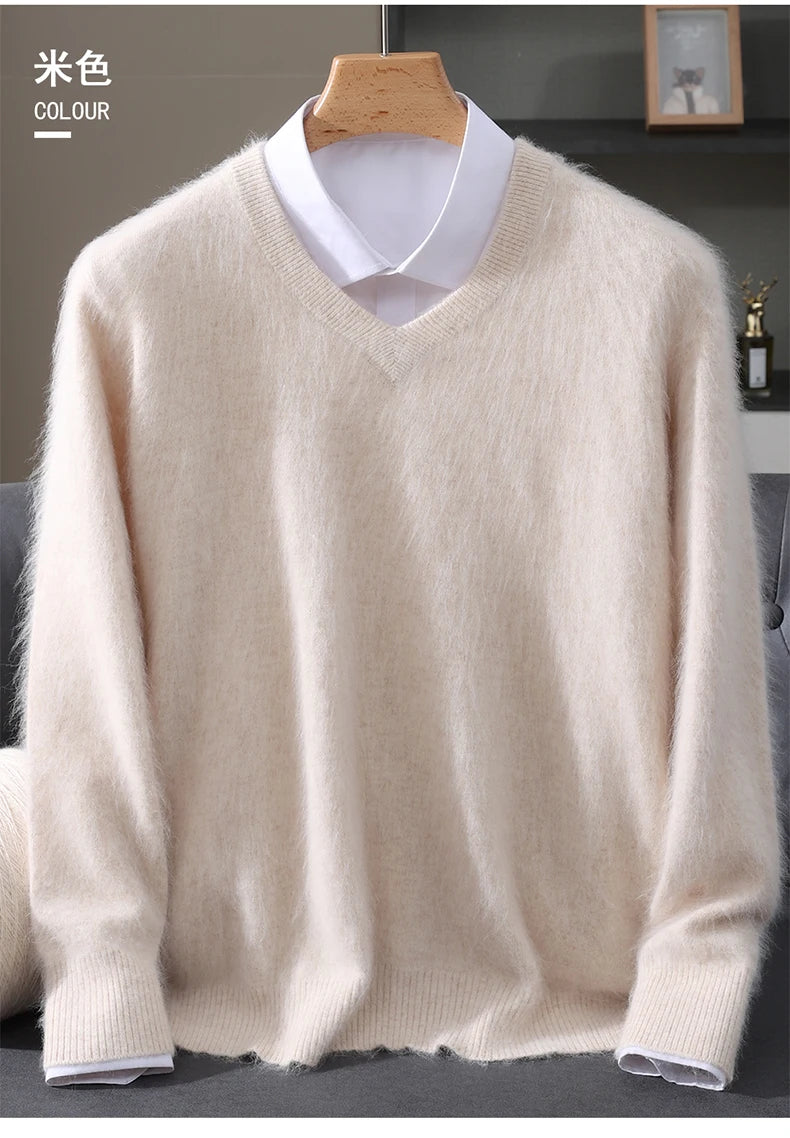 Men's 100% Pure Mink Cashmere Sweater V-neck Pullover Knit Bottoming Shirt Autumn And Winter New Long-Sleeve High-End Mink Tops