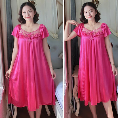 Ladies Ice Silk Nightgowns Sleeping Dress Medium Length Short Sleeve Nightdress Sexy Sleepwear Home Wear Loungewear Pyjama Femme